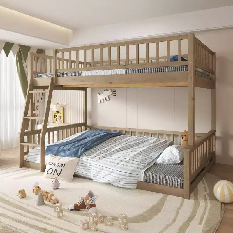 Letto a castello intero Okak in legno, letti a castello per bambini con scala e sponde di sicurezza, letti a castello gemelli per bambini, adolescenti
