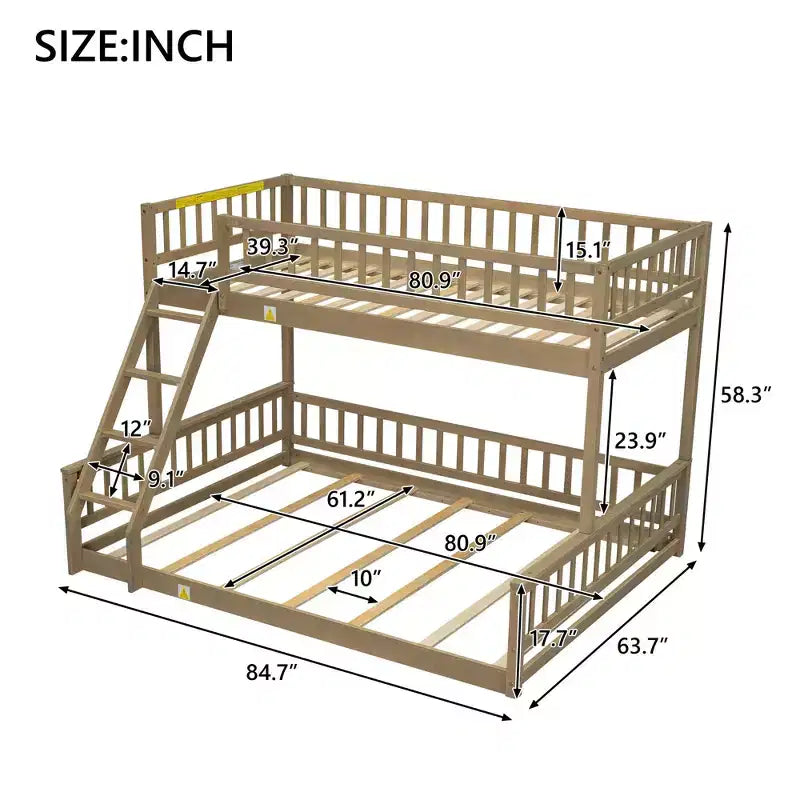 Letto a castello intero Okak in legno, letti a castello per bambini con scala e sponde di sicurezza, letti a castello gemelli per bambini, adolescenti