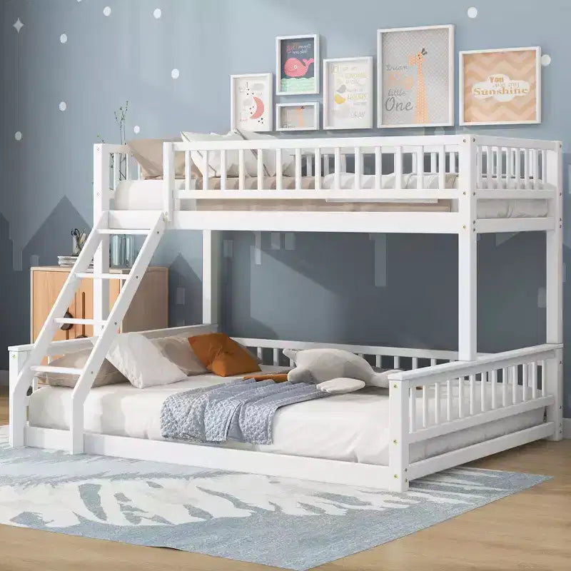 Letto a castello intero Okak in legno, letti a castello per bambini con scala e sponde di sicurezza, letti a castello gemelli per bambini, adolescenti