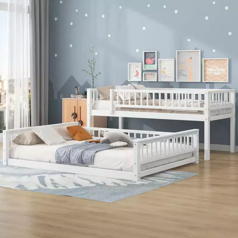 Letto a castello intero Okak in legno, letti a castello per bambini con scala e sponde di sicurezza, letti a castello gemelli per bambini, adolescenti