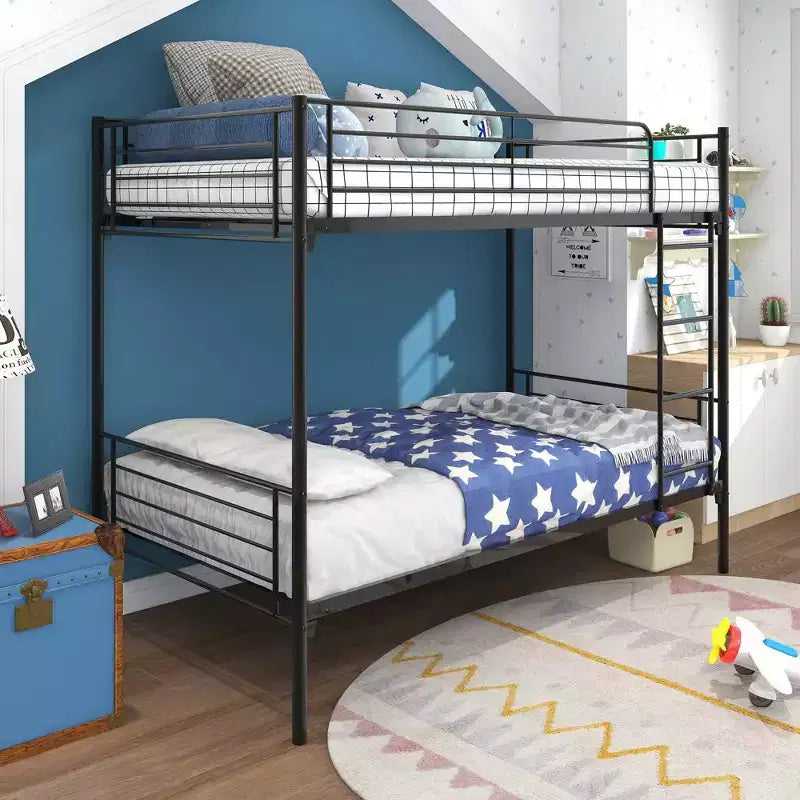 Letto a castello Okak Moedern Twin su Twin, Letti a castello per bambini con struttura in metallo e scala integrata, Letto a castello salvaspazio per camera da letto