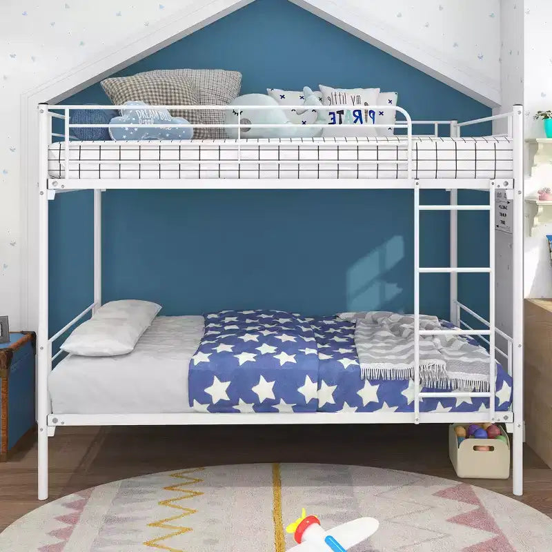 Okak Moedern Twin over Twin Bunk Bed, Kids Bunk Beds with Metal Frame and Build-In Ladder, Space-Saving Bunk Bed for Bedroom