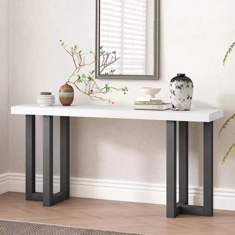 Okak 63IN Tavolo Consolle Minimalista con Gambe in Legno Massello, Elegante Tavolino da Ingresso con Piano Spesso, Tavolino da Corridoio per Soggiorno, Camera da Letto