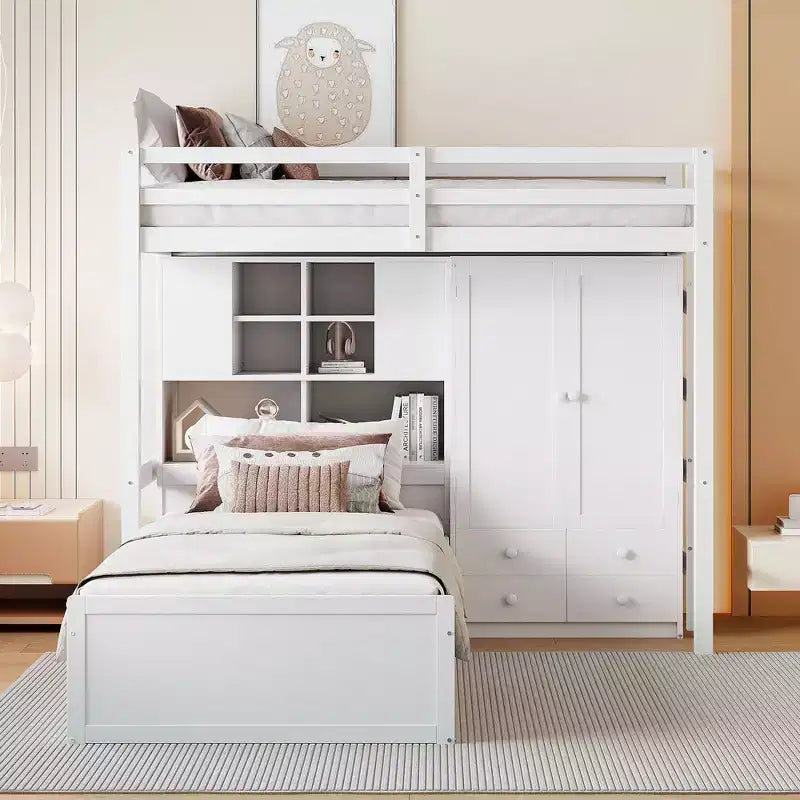 Letto a castello singolo con armadio e cassetti, letto a soppalco con ripiani portaoggetti e letto idraulico per bambini e adulti