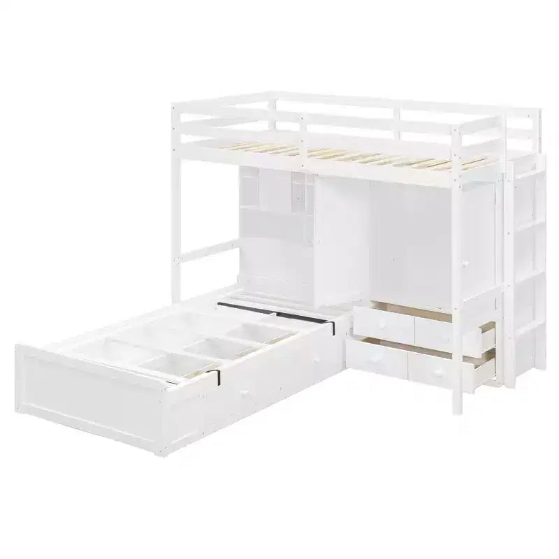Letto a castello singolo con armadio e cassetti, letto a soppalco con ripiani portaoggetti e letto idraulico per bambini e adulti