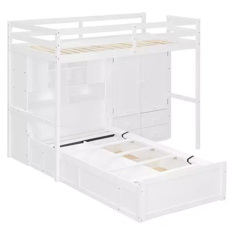 Letto a castello singolo con armadio e cassetti, letto a soppalco con ripiani portaoggetti e letto idraulico per bambini e adulti