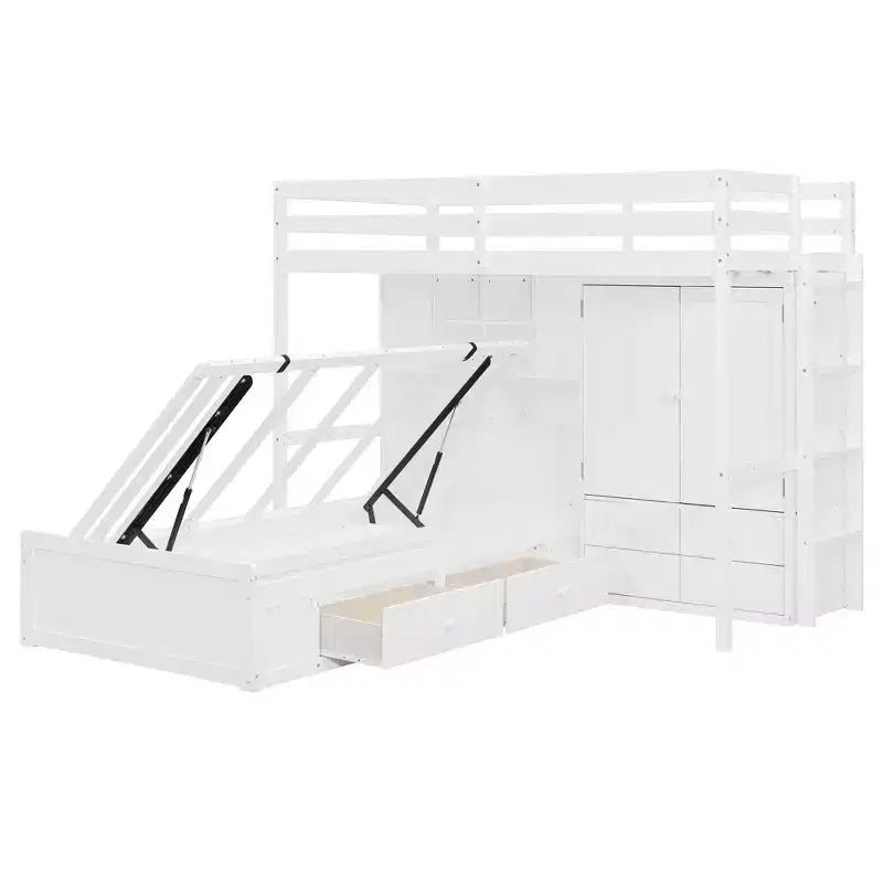 Letto a castello singolo con armadio e cassetti, letto a soppalco con ripiani portaoggetti e letto idraulico per bambini e adulti