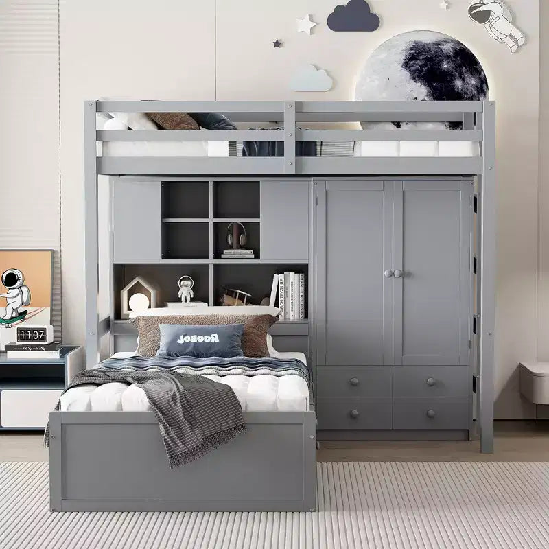 Letto a castello singolo con armadio e cassetti, letto a soppalco con ripiani portaoggetti e letto idraulico per bambini e adulti