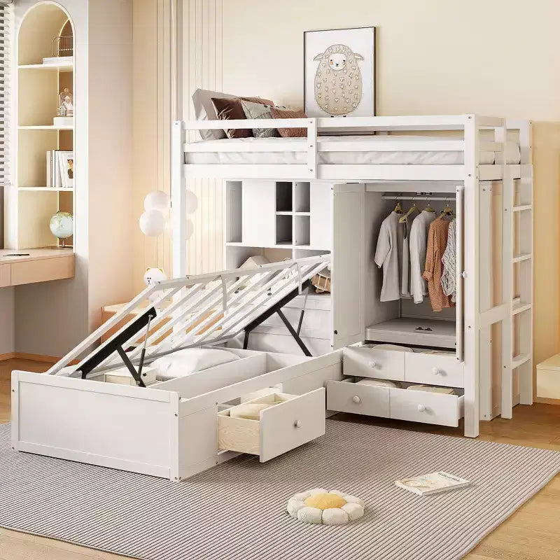 Letto a castello singolo con armadio e cassetti, letto a soppalco con ripiani portaoggetti e letto idraulico per bambini e adulti