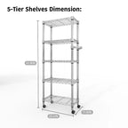 Scaffalatura in metallo a 5 ripiani con ruote, Organizzatore di stoccaggio con ripiani in filo metallico resistente da 500 kg con maniglia e piedini regolabili