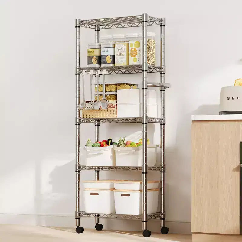 Scaffalatura in metallo a 5 ripiani con ruote, Organizzatore di stoccaggio con ripiani in filo metallico resistente da 500 kg con maniglia e piedini regolabili