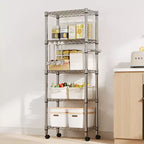 Scaffalatura in metallo a 5 ripiani con ruote, Organizzatore di stoccaggio con ripiani in filo metallico resistente da 500 kg con maniglia e piedini regolabili