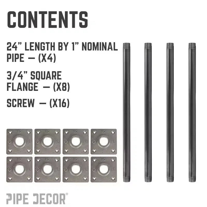 Pipe Decor Gambe da Tavolo in Tubo con Flangia Quadrata da 3/4 in. x 24 in. - Confezione da 4