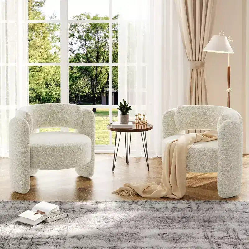 Sedia moderna in ciniglia, comoda poltrona rotonda con schienale aperto e seduta laterale con angoli arrotondati, adatta per camera da letto/ufficio/caffetteria