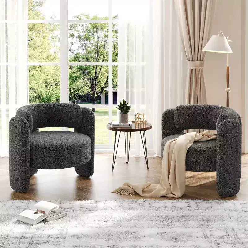 Sedia moderna in ciniglia, comoda poltrona rotonda con schienale aperto e seduta laterale con angoli arrotondati, adatta per camera da letto/ufficio/caffetteria