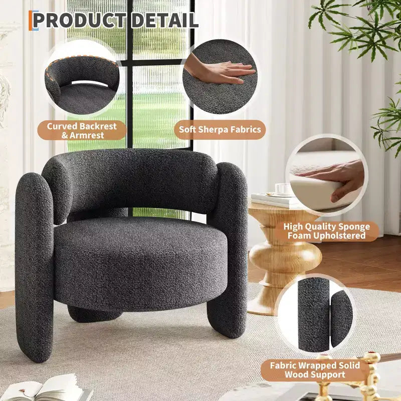 Sedia moderna in ciniglia, comoda poltrona rotonda con schienale aperto e seduta laterale con angoli arrotondati, adatta per camera da letto/ufficio/caffetteria
