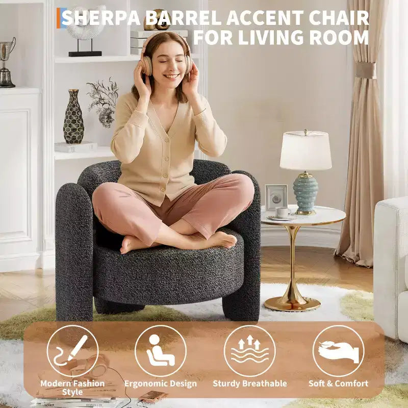 Sedia moderna in ciniglia, comoda poltrona rotonda con schienale aperto e seduta laterale con angoli arrotondati, adatta per camera da letto/ufficio/caffetteria