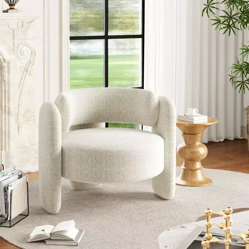 Sedia moderna in ciniglia, comoda poltrona rotonda con schienale aperto e seduta laterale con angoli arrotondati, adatta per camera da letto/ufficio/caffetteria