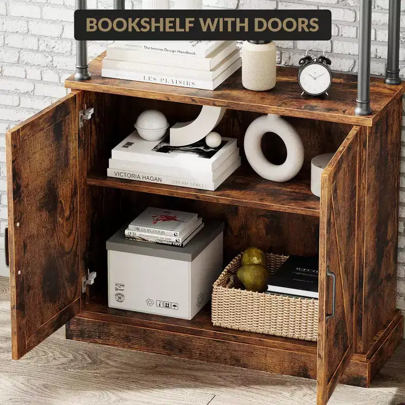 Libreria Moderna Alta 73" con Ante, Libreria a 3 Ripiani in Legno con Struttura in Metallo, Vetrinetta Autoportante per Camera da Letto, Soggiorno, Marrone
