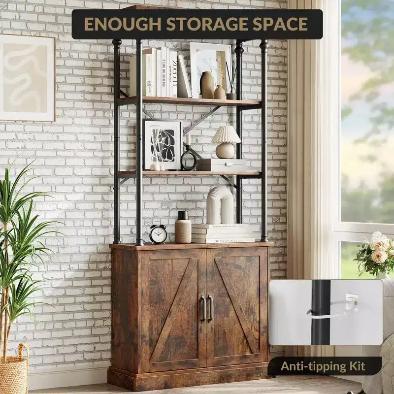 Libreria Moderna Alta 73" con Ante, Libreria a 3 Ripiani in Legno con Struttura in Metallo, Vetrinetta Autoportante per Camera da Letto, Soggiorno, Marrone