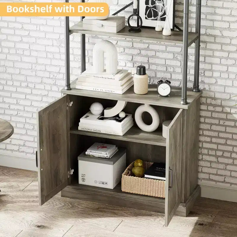 Libreria Moderna Alta 73" con Ante, Libreria a 3 Ripiani in Legno con Struttura in Metallo, Vetrinetta Autoportante per Camera da Letto, Soggiorno, Marrone