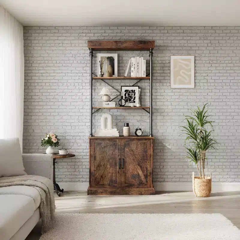 Libreria Moderna Alta 73" con Ante, Libreria a 3 Ripiani in Legno con Struttura in Metallo, Vetrinetta Autoportante per Camera da Letto, Soggiorno, Marrone