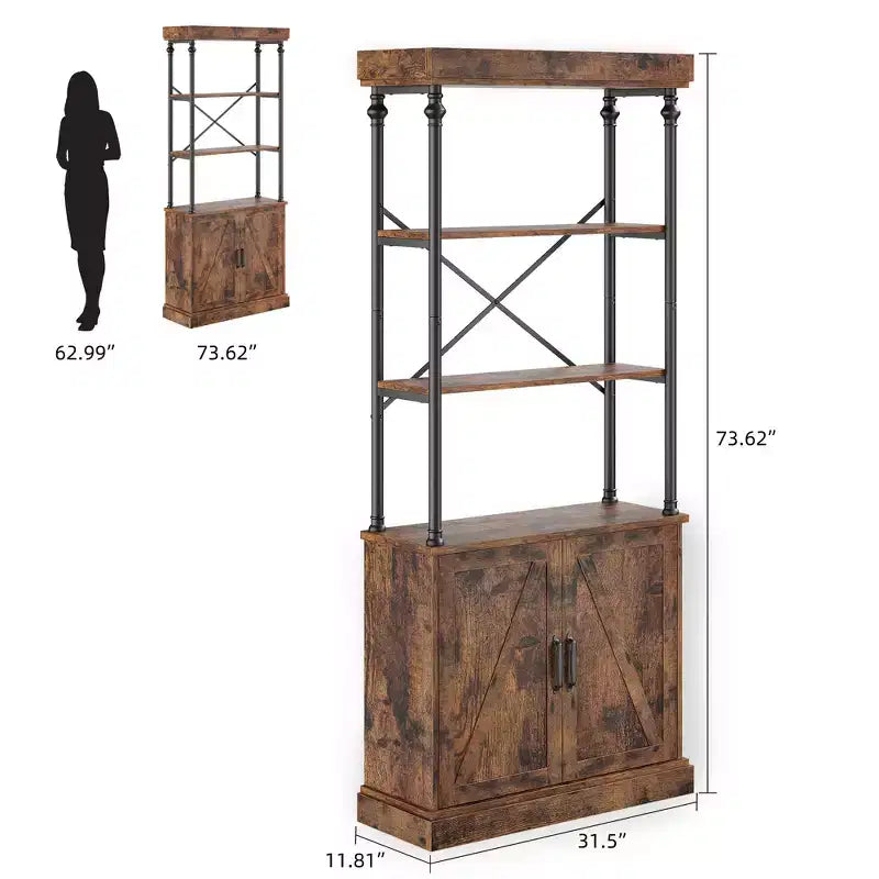 Libreria Moderna Alta 73" con Ante, Libreria a 3 Ripiani in Legno con Struttura in Metallo, Vetrinetta Autoportante per Camera da Letto, Soggiorno, Marrone