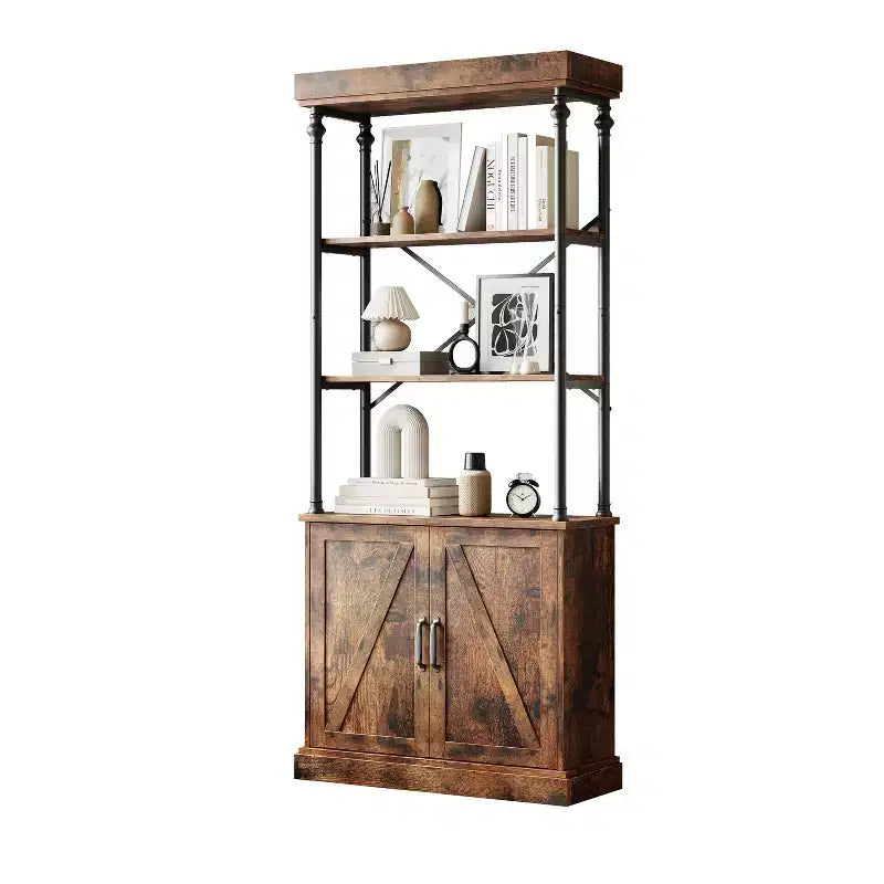Libreria Moderna Alta 73" con Ante, Libreria a 3 Ripiani in Legno con Struttura in Metallo, Vetrinetta Autoportante per Camera da Letto, Soggiorno, Marrone