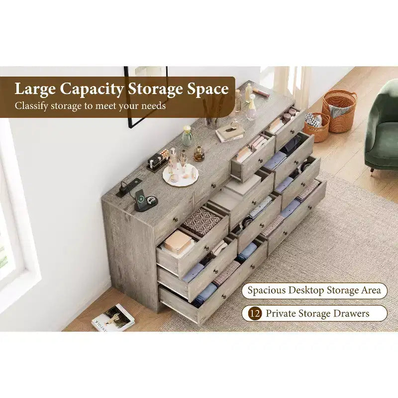COZONY Cassettiera a 12 cassetti per camera da letto, cassettiera in legno a 61 cassetti, cassettiera alta moderna con guide in metallo, grande contenitore per soggiorno, corridoio