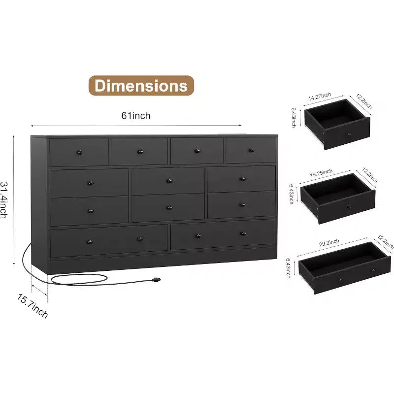 COZONY Cassettiera a 12 cassetti per camera da letto, cassettiera in legno a 61 cassetti, cassettiera alta moderna con guide in metallo, grande contenitore per soggiorno, corridoio