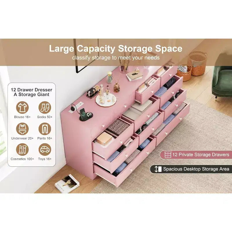 COZONY Cassettiera a 12 cassetti per camera da letto, cassettiera in legno a 61 cassetti, cassettiera alta moderna con guide in metallo, grande contenitore per soggiorno, corridoio