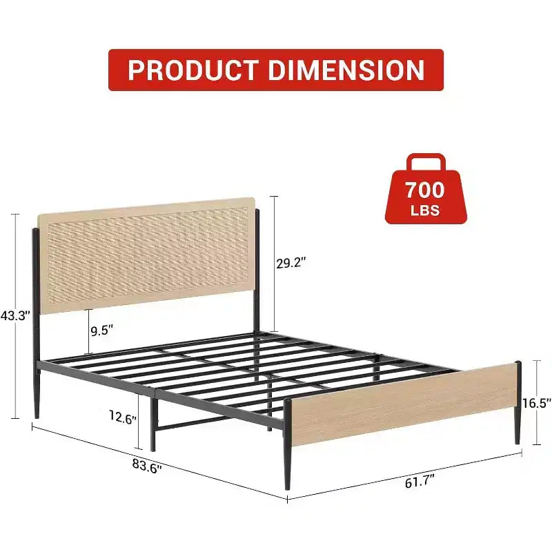 Acekool Set di 2 Telai Letto Matrimoniale con Testiera in Rattan Naturale, Spazio Contenitore, Silenzioso, Nessuna Molla, Matrimoniale, Set da 2