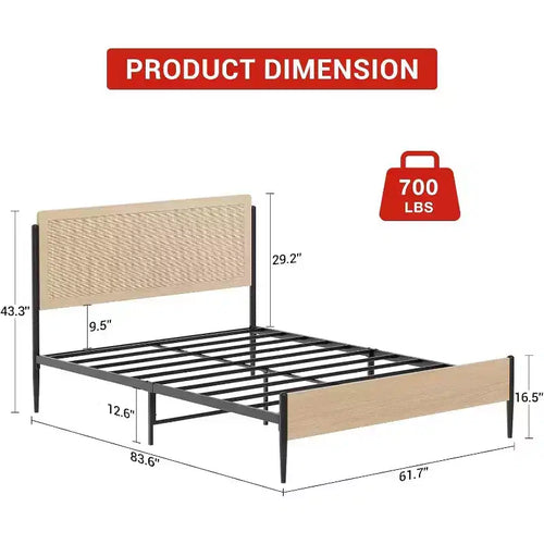Acekool Set di 2 Telai Letto Matrimoniale con Testiera in Rattan Naturale, Spazio Contenitore, Silenzioso, Nessuna Molla, Matrimoniale, Set da 2