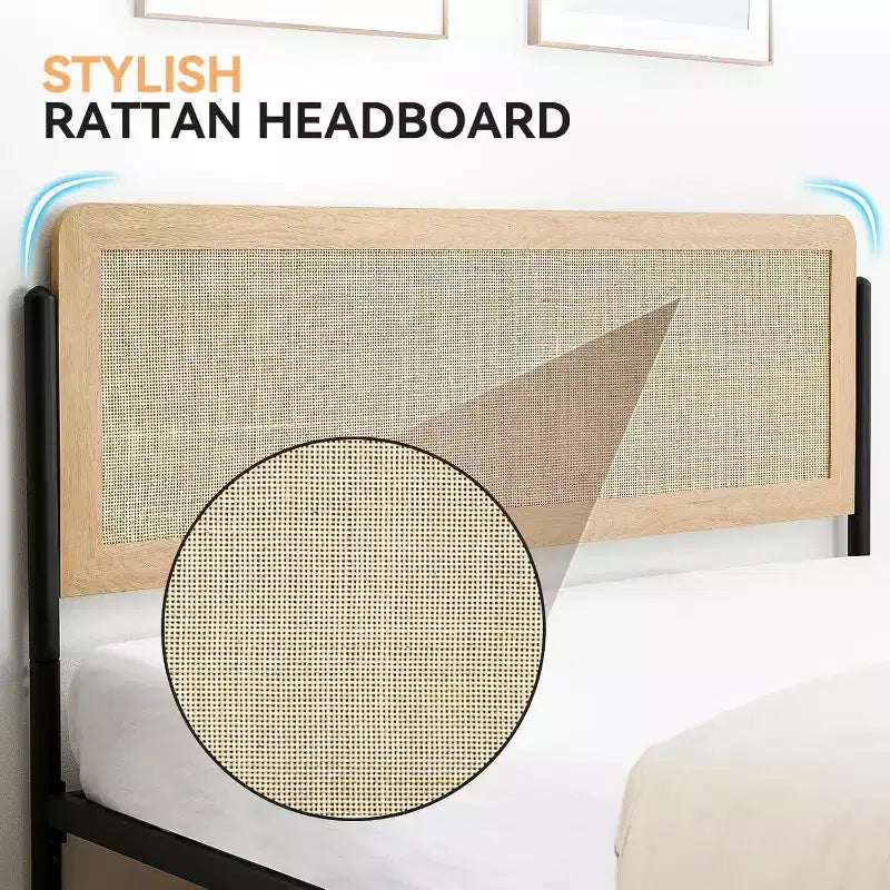 Acekool Set di 2 Telai Letto Matrimoniale con Testiera in Rattan Naturale, Spazio Contenitore, Silenzioso, Nessuna Molla, Matrimoniale, Set da 2