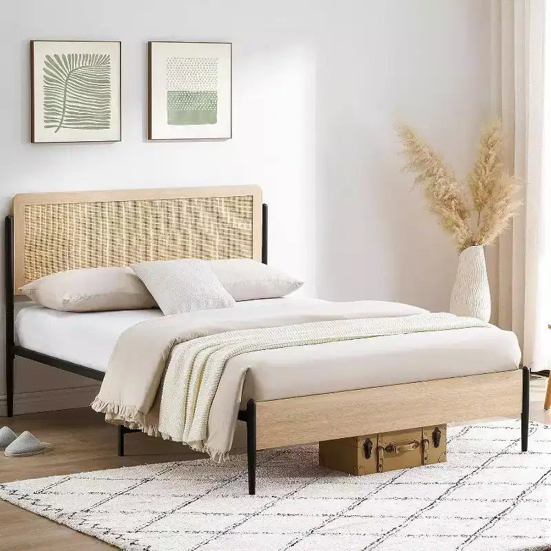 Acekool Set di 2 Telai Letto Matrimoniale con Testiera in Rattan Naturale, Spazio Contenitore, Silenzioso, Nessuna Molla, Matrimoniale, Set da 2