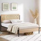 Acekool Set di 2 Telai Letto Matrimoniale con Testiera in Rattan Naturale, Spazio Contenitore, Silenzioso, Nessuna Molla, Matrimoniale, Set da 2