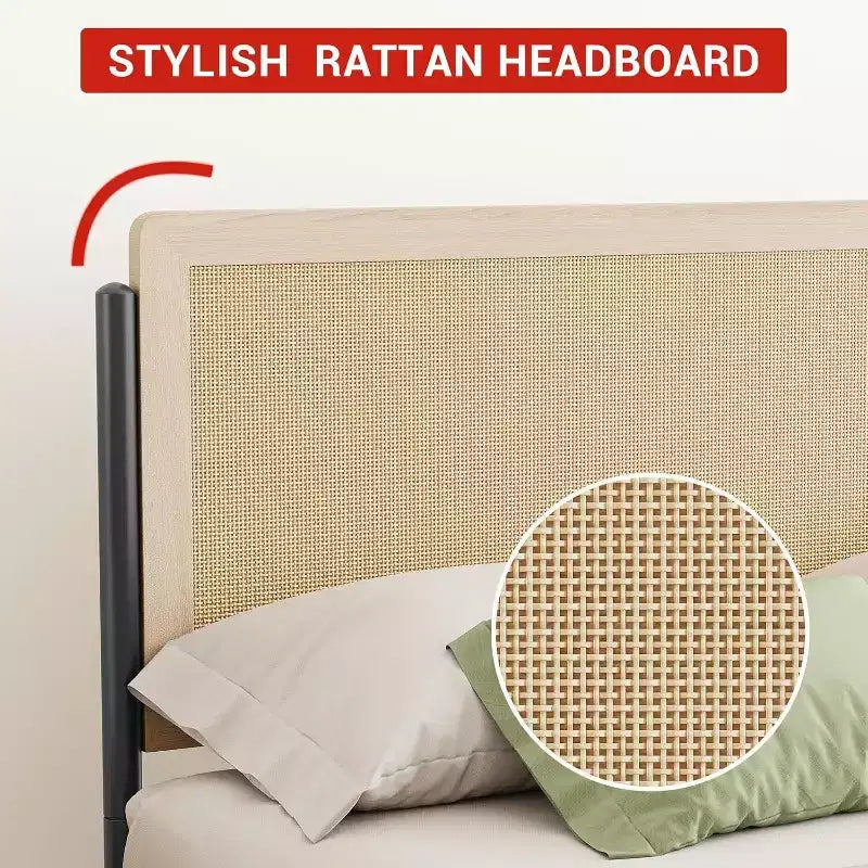 Acekool Set di 2 Telai Letto Matrimoniale con Testiera in Rattan Naturale, Spazio Contenitore, Silenzioso, Nessuna Molla, Matrimoniale, Set da 2