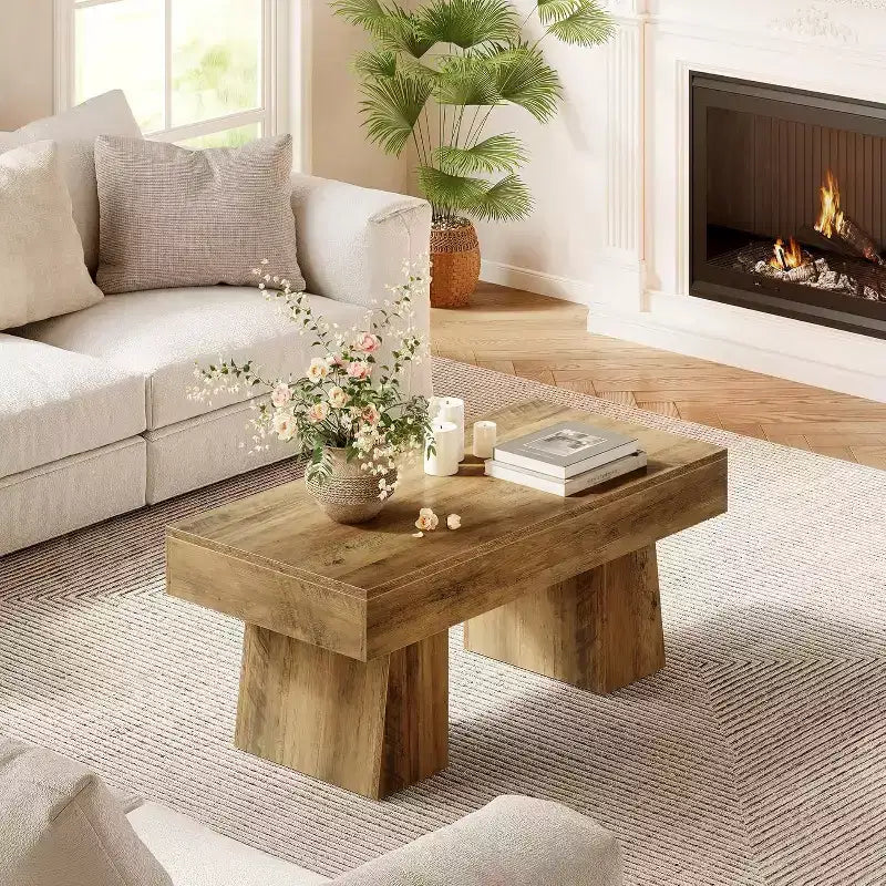 Tavolino da caffè Lantine 47 Farmhouse, tavolini centrali rettangolari in legno con base spessa, per soggiorno, salotto