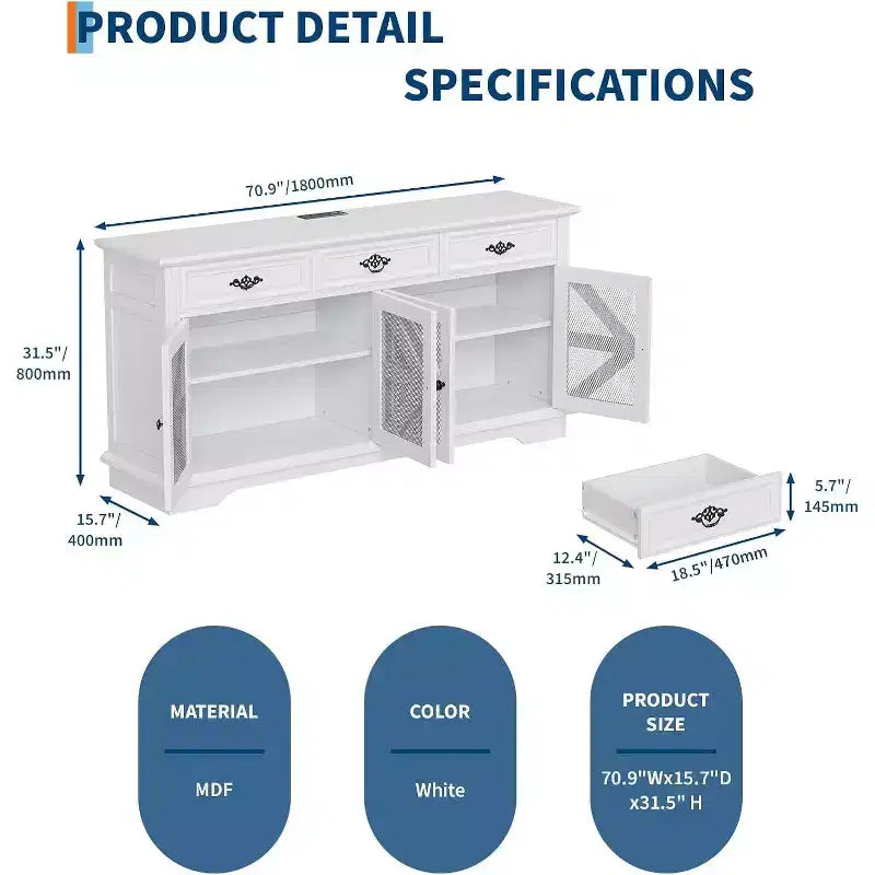 Credenza-Buffet per Fattoria, Mobile Contenitore Bar Caffè da 160 cm con 3 Cassetti 4 Ante e Ripiani Regolabili per la Casa, Bianco