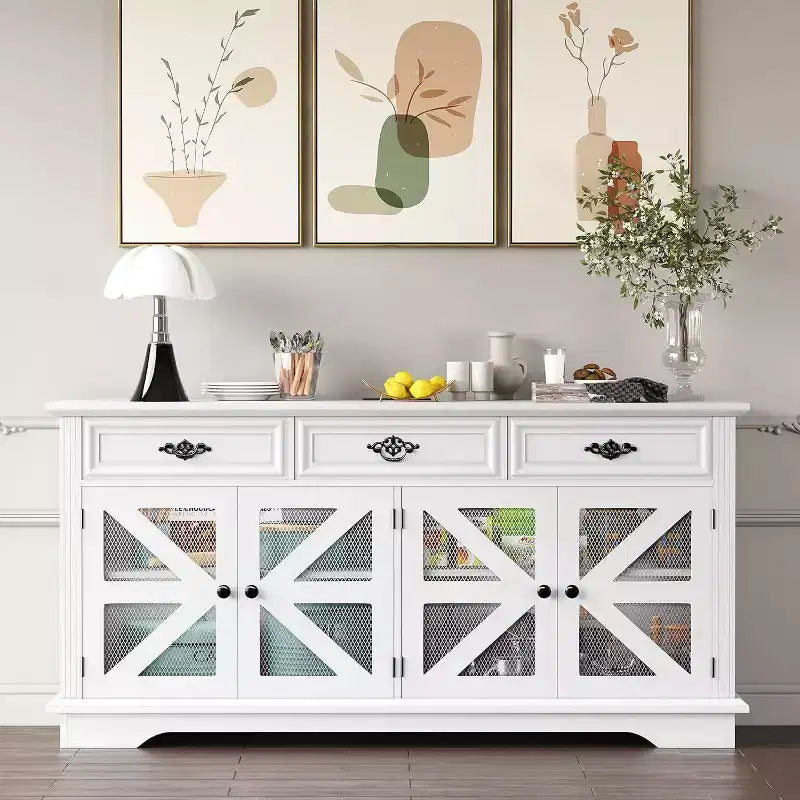 Credenza-Buffet per Fattoria, Mobile Contenitore Bar Caffè da 160 cm con 3 Cassetti 4 Ante e Ripiani Regolabili per la Casa, Bianco