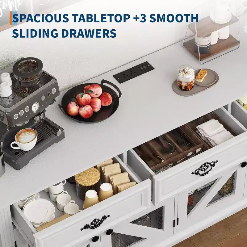 Credenza-Buffet per Fattoria, Mobile Contenitore Bar Caffè da 160 cm con 3 Cassetti 4 Ante e Ripiani Regolabili per la Casa, Bianco
