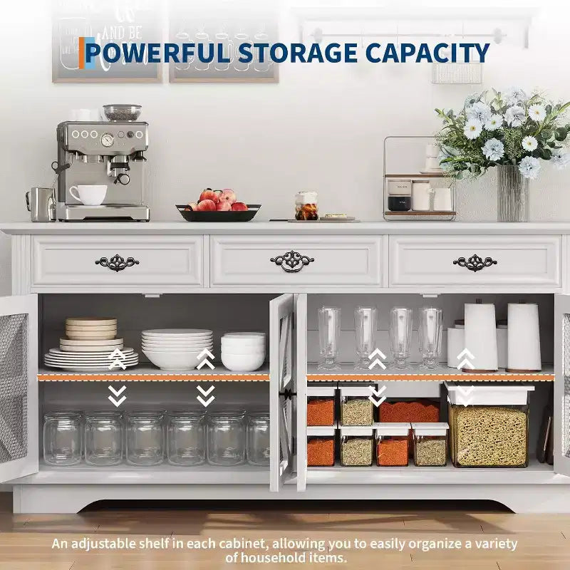 Credenza-Buffet per Fattoria, Mobile Contenitore Bar Caffè da 160 cm con 3 Cassetti 4 Ante e Ripiani Regolabili per la Casa, Bianco