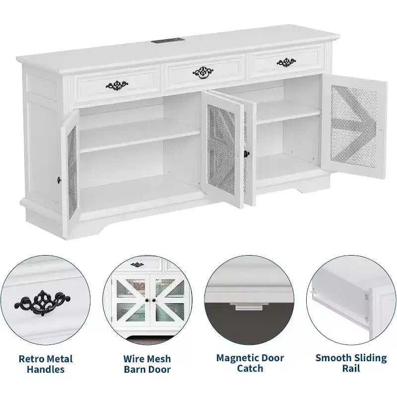 Credenza-Buffet per Fattoria, Mobile Contenitore Bar Caffè da 160 cm con 3 Cassetti 4 Ante e Ripiani Regolabili per la Casa, Bianco