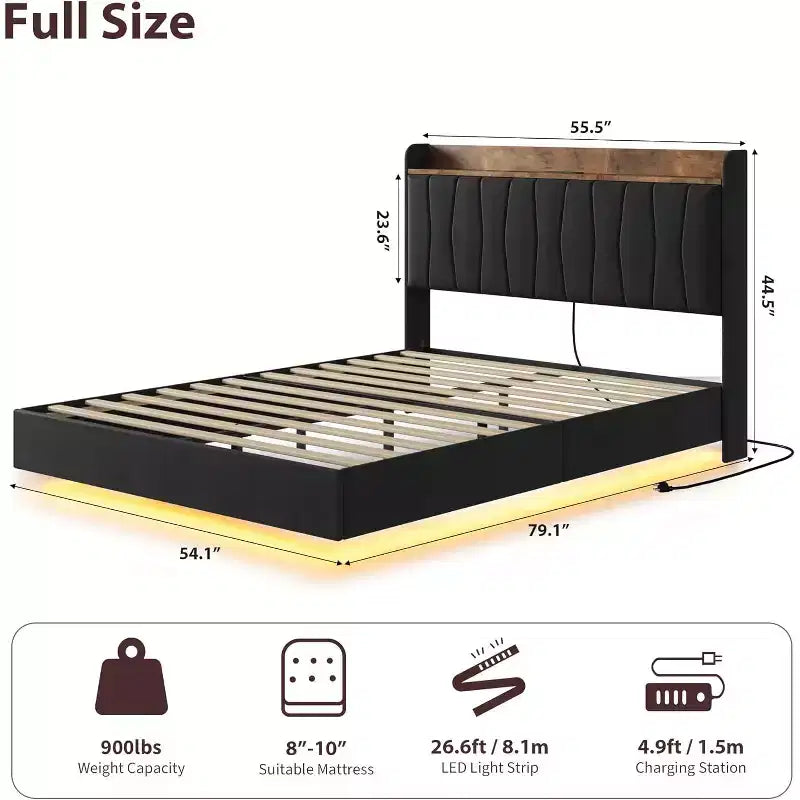 Struttura Letto, Letto a Piattaforma Flottante con Testiera, Porte di Ricarica, Base Letto Moderna Imbottita con Robuste Doghe in Legno, Nessuna Rete a Molle Necessaria