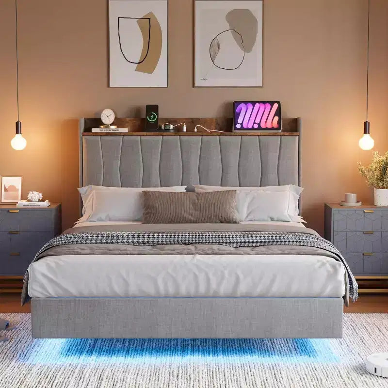 Struttura Letto, Letto a Piattaforma Flottante con Testiera, Porte di Ricarica, Base Letto Moderna Imbottita con Robuste Doghe in Legno, Nessuna Rete a Molle Necessaria