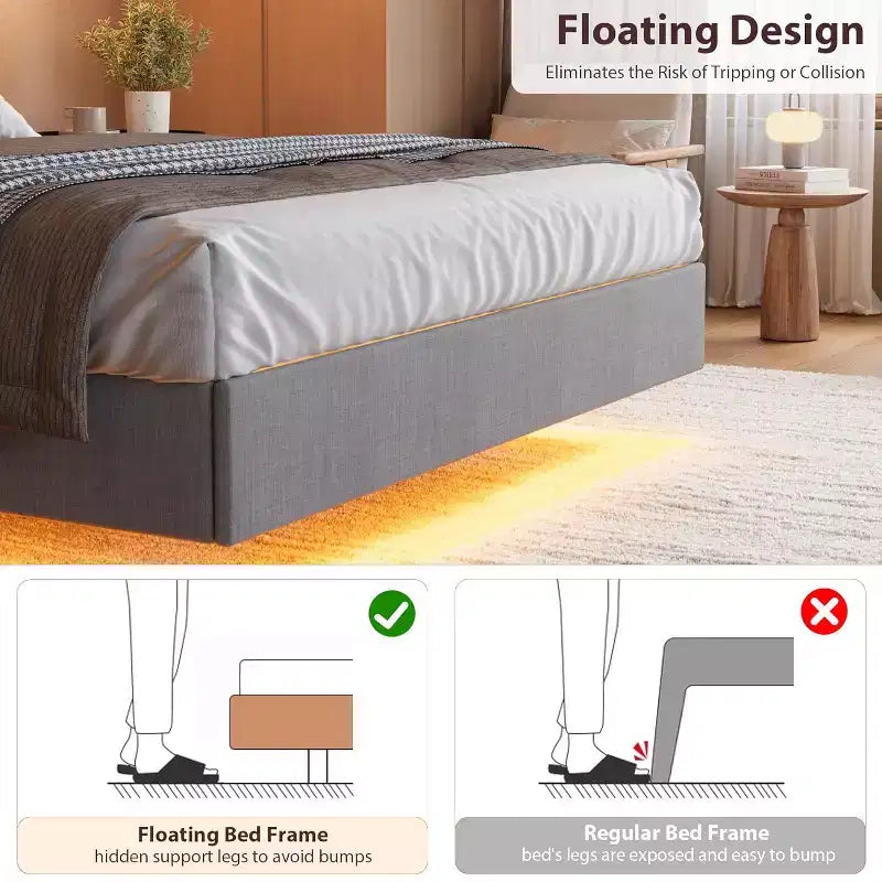 Struttura Letto, Letto a Piattaforma Flottante con Testiera, Porte di Ricarica, Base Letto Moderna Imbottita con Robuste Doghe in Legno, Nessuna Rete a Molle Necessaria