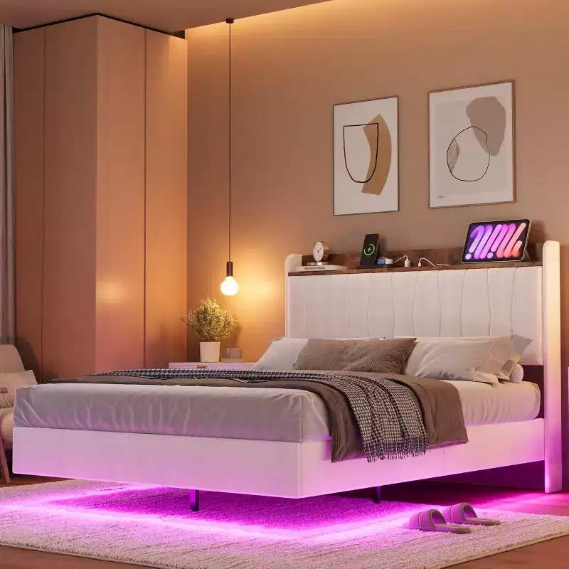 Struttura Letto, Letto a Piattaforma Flottante con Testiera, Porte di Ricarica, Base Letto Moderna Imbottita con Robuste Doghe in Legno, Nessuna Rete a Molle Necessaria