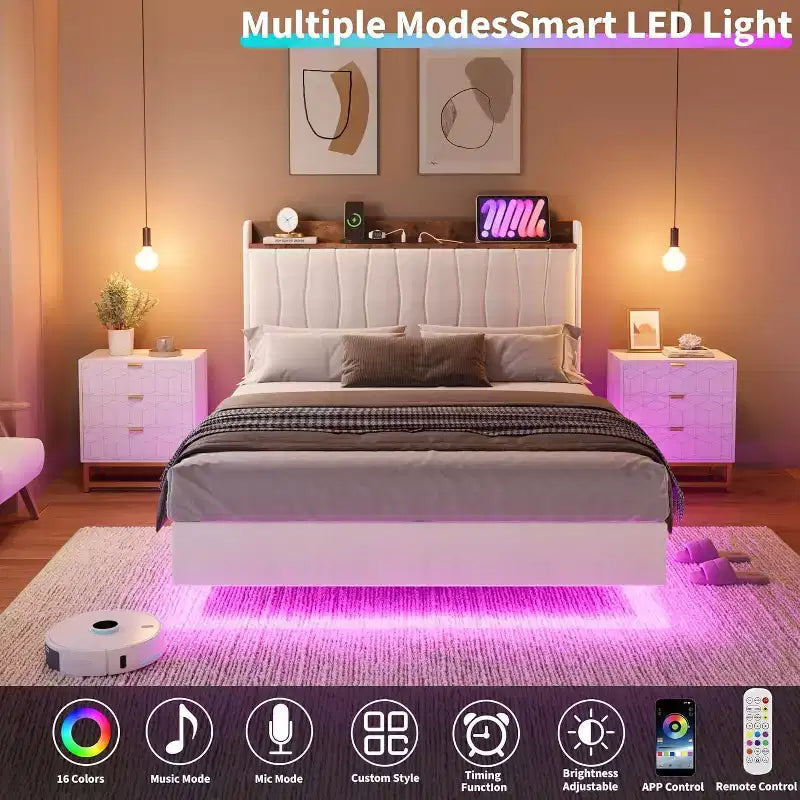 Struttura Letto, Letto a Piattaforma Flottante con Testiera, Porte di Ricarica, Base Letto Moderna Imbottita con Robuste Doghe in Legno, Nessuna Rete a Molle Necessaria