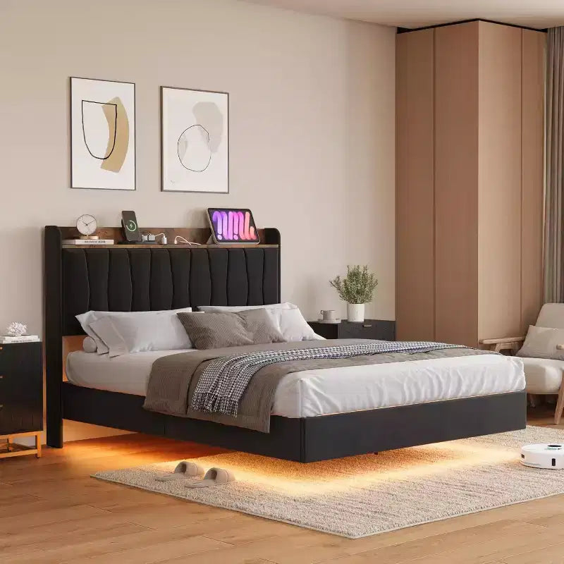Struttura Letto, Letto a Piattaforma Flottante con Testiera, Porte di Ricarica, Base Letto Moderna Imbottita con Robuste Doghe in Legno, Nessuna Rete a Molle Necessaria