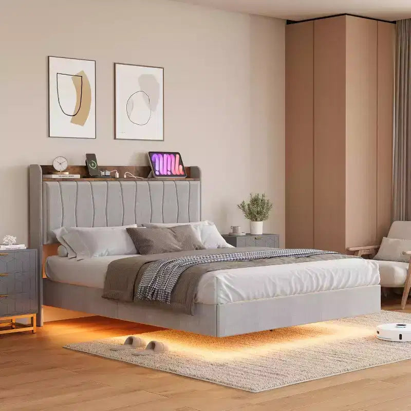 Struttura Letto, Letto a Piattaforma Flottante con Testiera, Porte di Ricarica, Base Letto Moderna Imbottita con Robuste Doghe in Legno, Nessuna Rete a Molle Necessaria